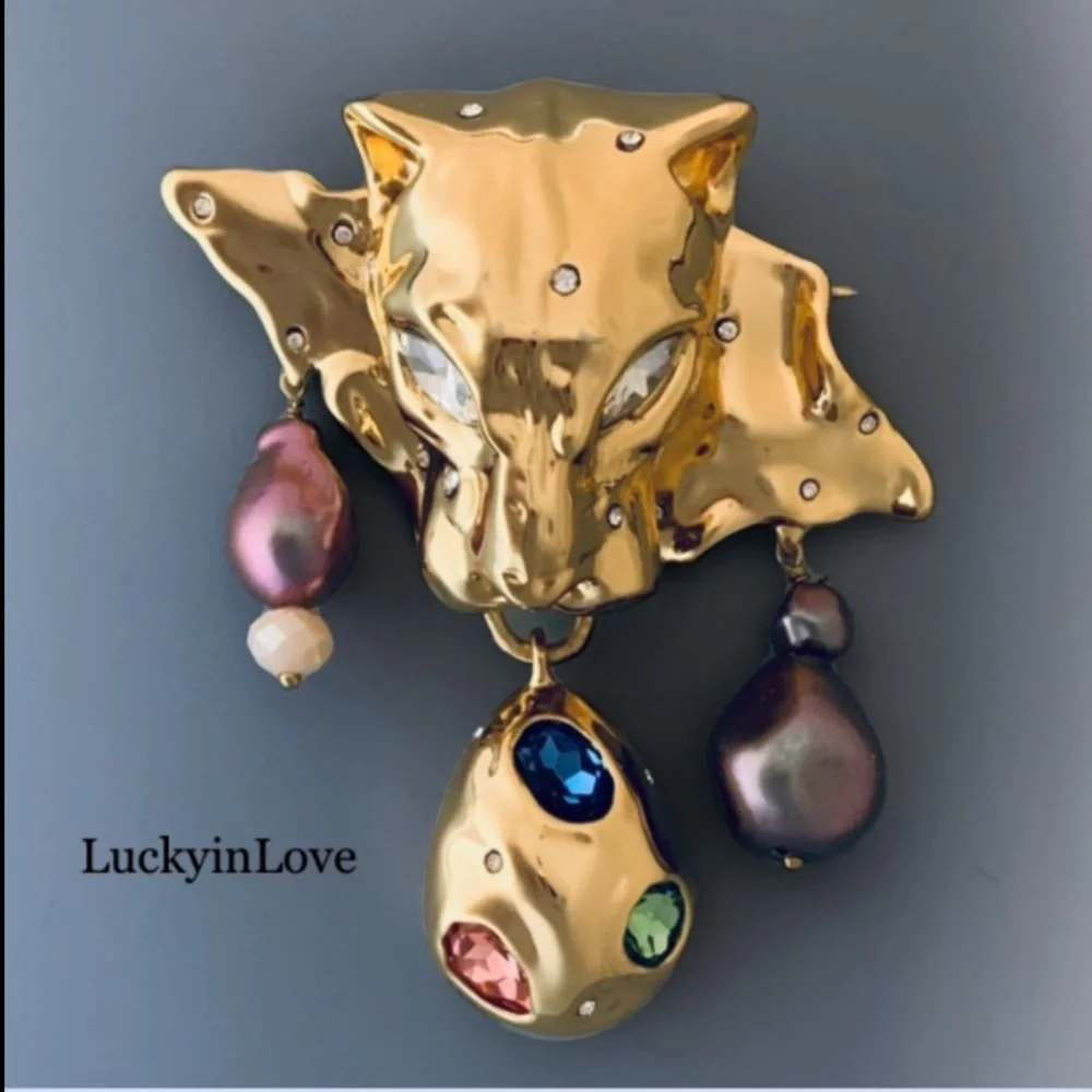 ALEXIS BITTAR • Gold Molten Crumpled Panther Head Green Rose Blue Pink Necklace